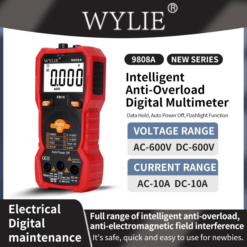 WYLIE 9808A Intelligent Anti-Overload Digital Multimeter Data Hold,Auto Power Off,Flashlight Function For Electrical Maintenance