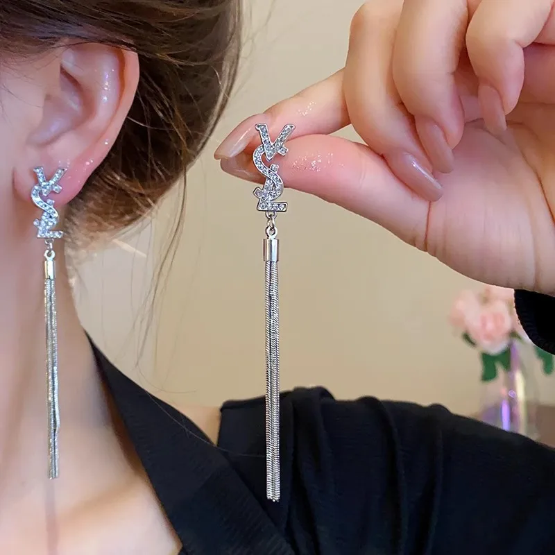

French retro small fragrance style exquisite super sparkling diamond studded letter long tassel earrings ear accessories for wom