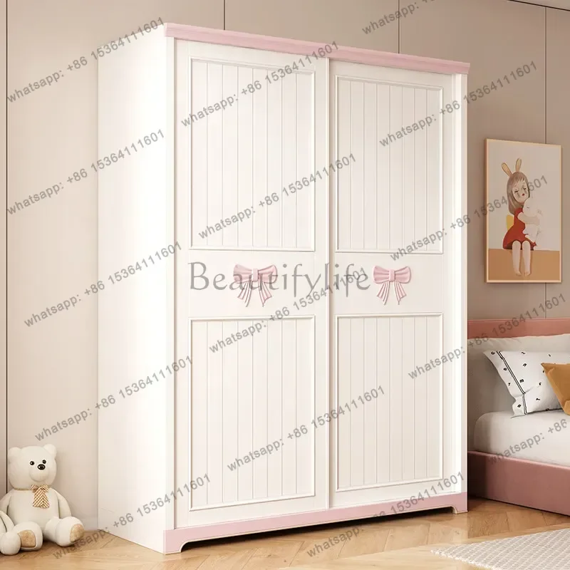 YJ Children's room sliding door wardrobe with top cabinet two-door wardrobe pink girl bedroom sliding door combination cloakroo