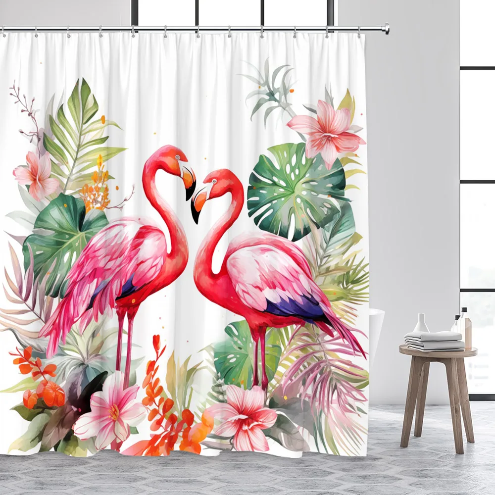 Tropical Flamingo Shower Curtain Floral Butterfly Green Monstera Palm Leaves Plant Bath Curtain Fabric Bathroom Decor with Hooks