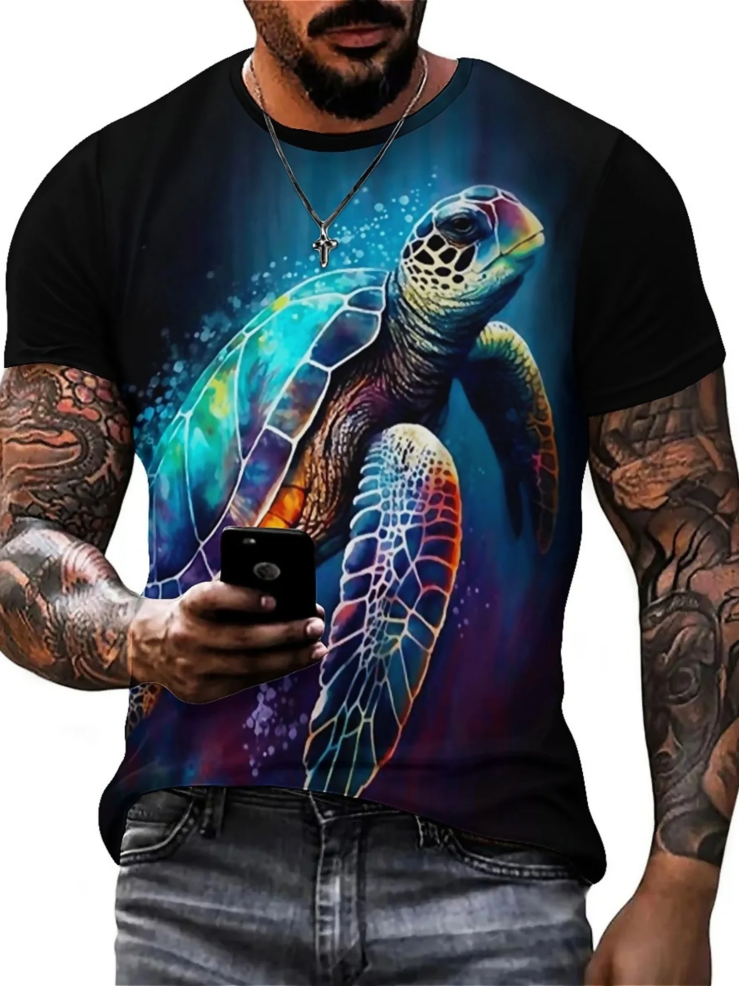 Camiseta vibrante com estampa de tartaruga marinha 3D para homens e mulheres, manga curta, gola redonda, tecido de poliéster, perfeita para viagens