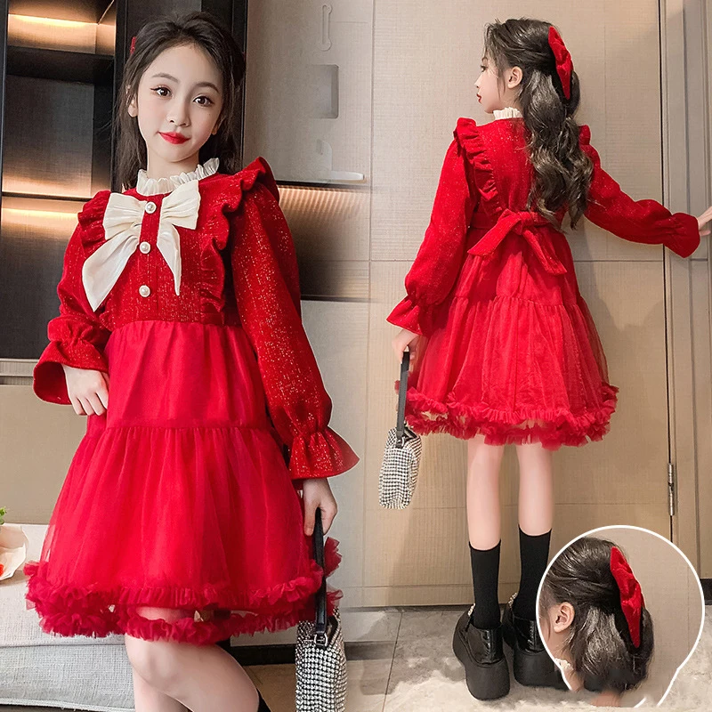 Autumn Winter Korean Harajuku Sweet Girls Princess Dress Kawaii Bow Party Dress Long Sleeve Ball Gown Solid Children's Clothing