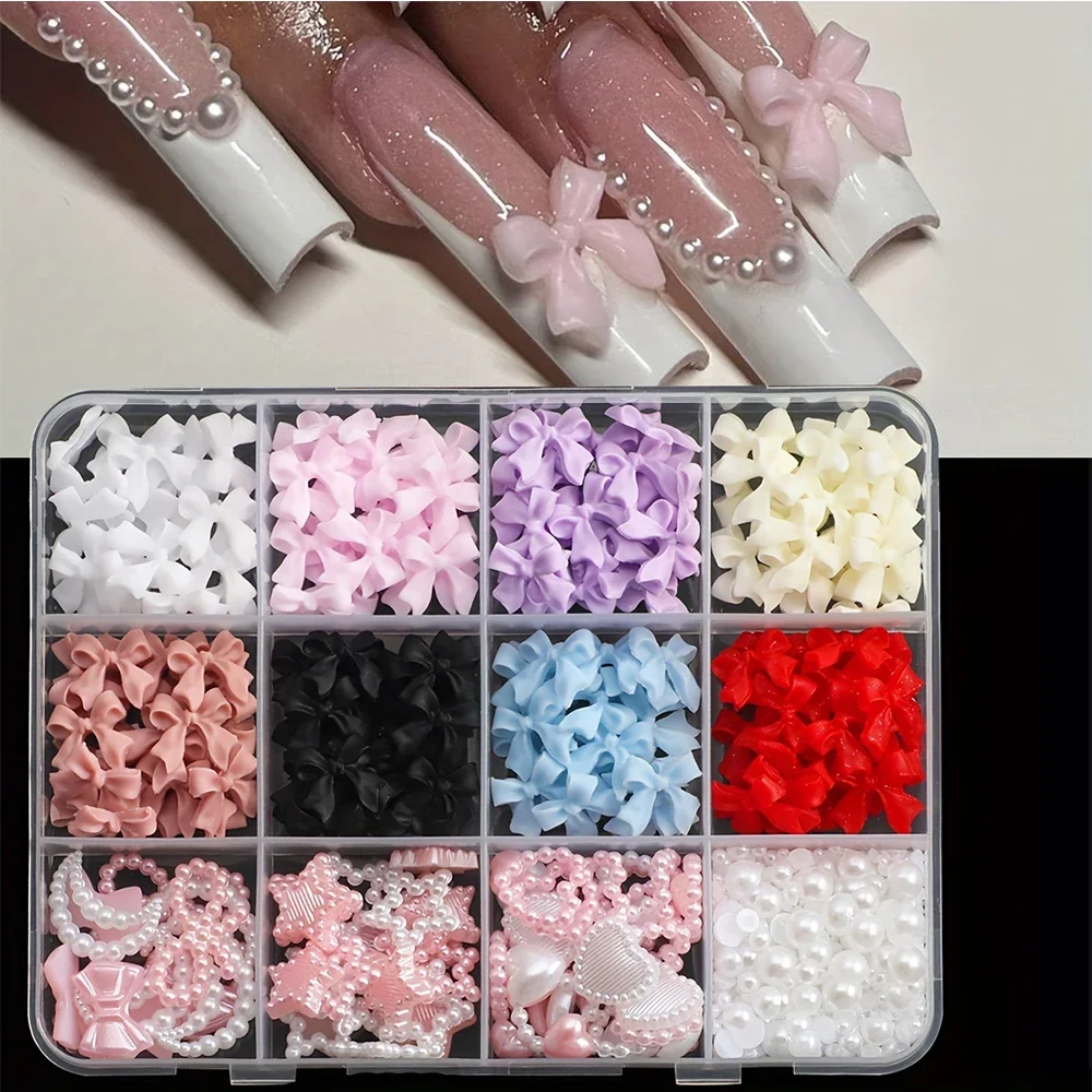 500PCS 3D Nail Art Decoration Kit with Resin Bows, Flat Back Pearls, and Assorted Shapes – Unscented DIY Craft Embellishments fo