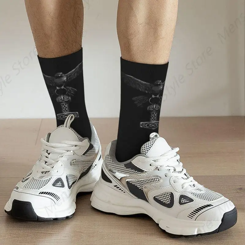 Vikings Odin Raven With Thor Mjolnir Hammer Crew Socks Unisex Cute Norse Odin God Spring Summer Autumn Winter Dress Socks