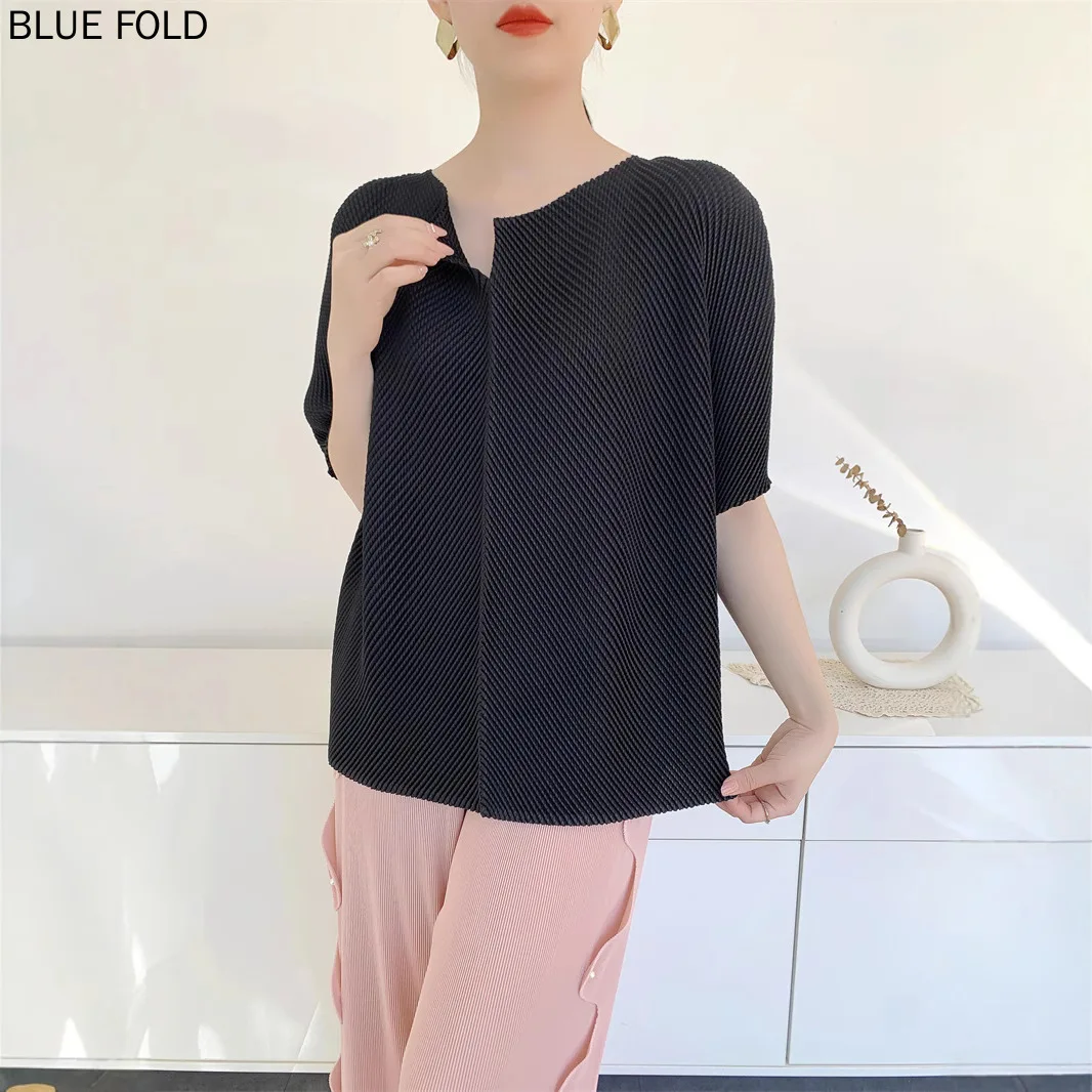 MIYAKE 2025 تي شيرت نسائي صيفي مطوي مريح كاجوال فضفاض برقبة دائرية وأكمام قصيرة