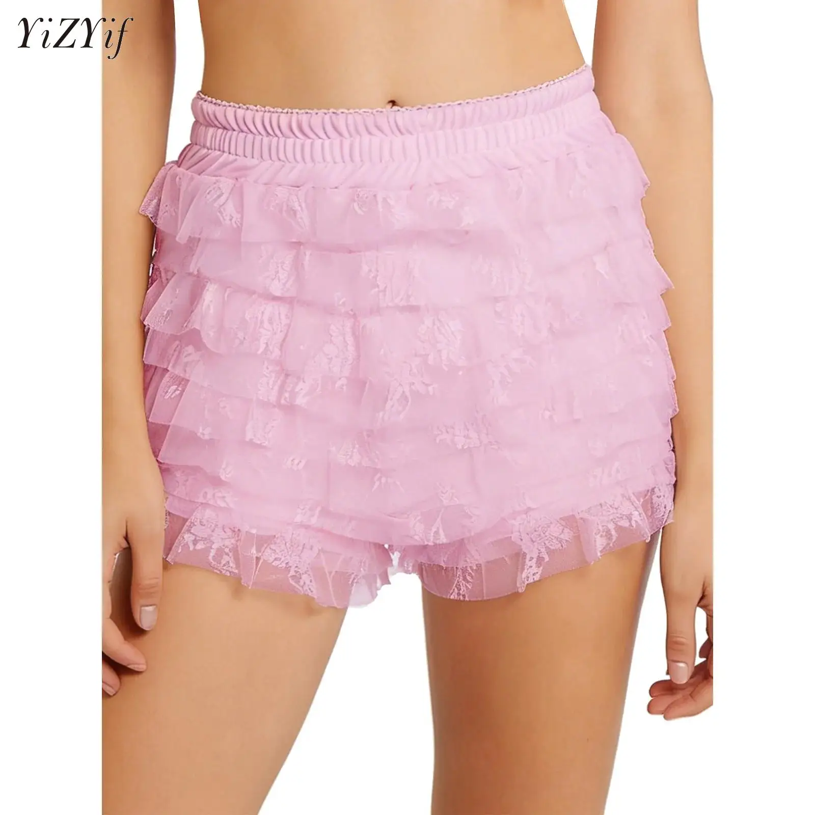 Women's Lace Mini Shorts Summer Ruffled Frilly Shorts Solid Color Multi-Layer Mesh Short Pants Sweet Cute Bloomers Anime Costume