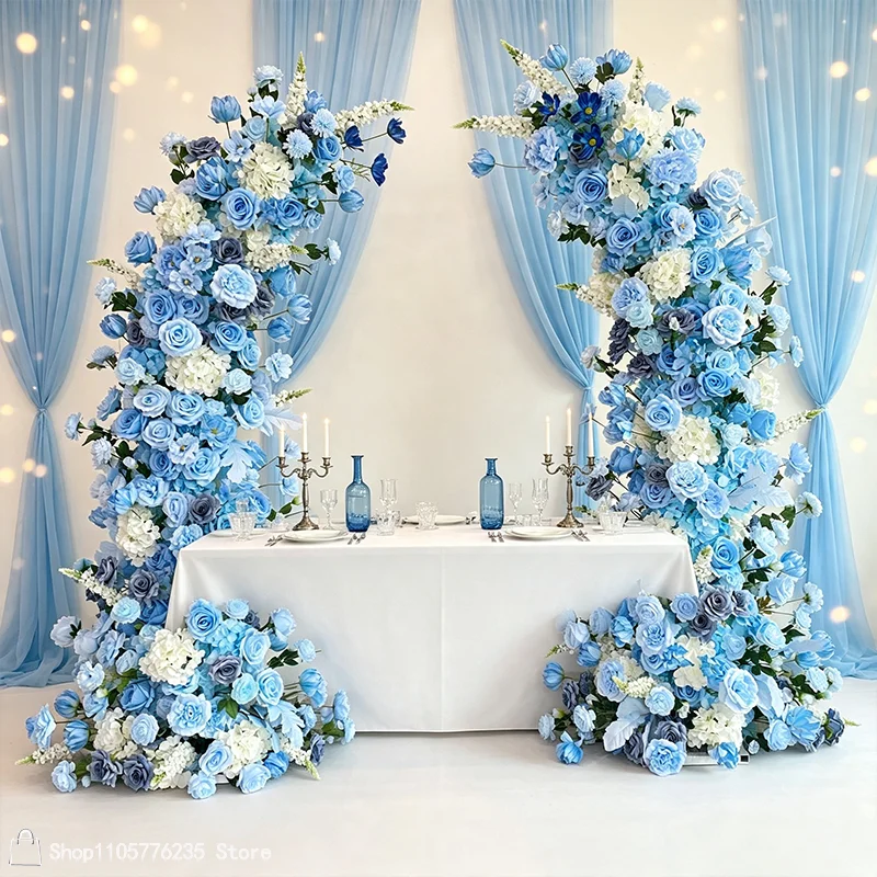Blaues Künstliches Blumen-Mond-Ochsenhorn-Bogen-Arrangement mit Rosen, Luxuriöser Hochzeits-Hintergrundrahmen, Dekoration für Strand, Outdoor-Zeremonien und Partys – Detail 5