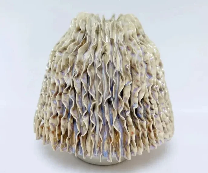 Laminated pleated textured ceramic vase, handmade wabi art flower utensils