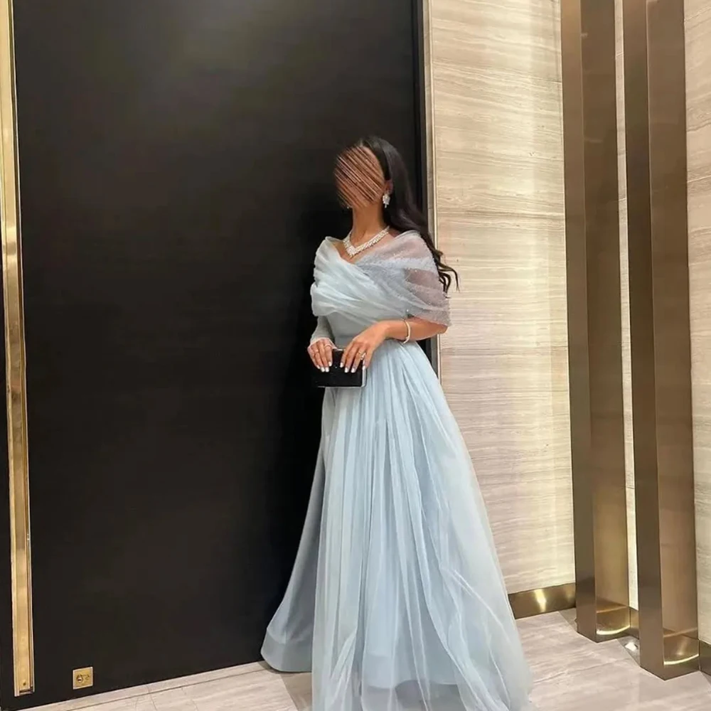 

Customized V-neck A-line Blue Tulle Evening Dress Off the Shoulder Pleat Sleeveless Party Gown Floor Length Prom Gown For Women