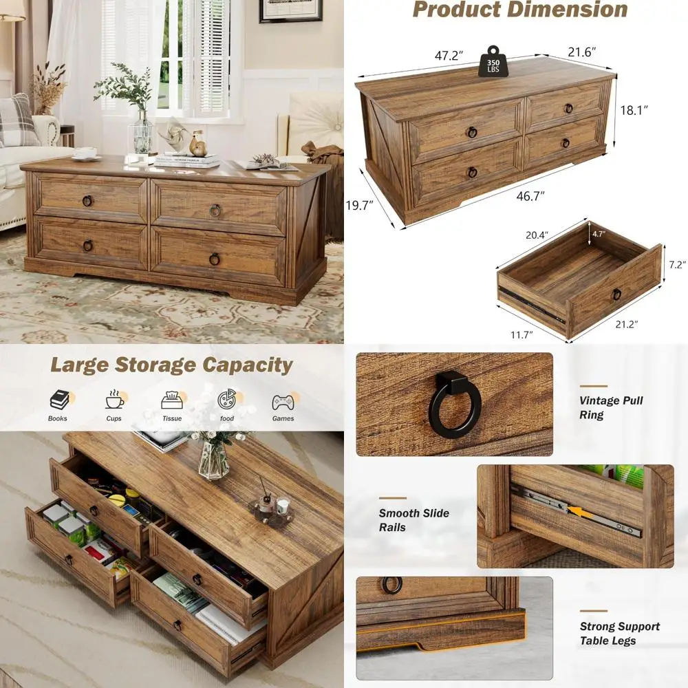 

Rustic 47-inch Coffee Table with Drawers, Wooden Storage Center Table for Living Room, Reading and Playing Area, Home Accent Fur