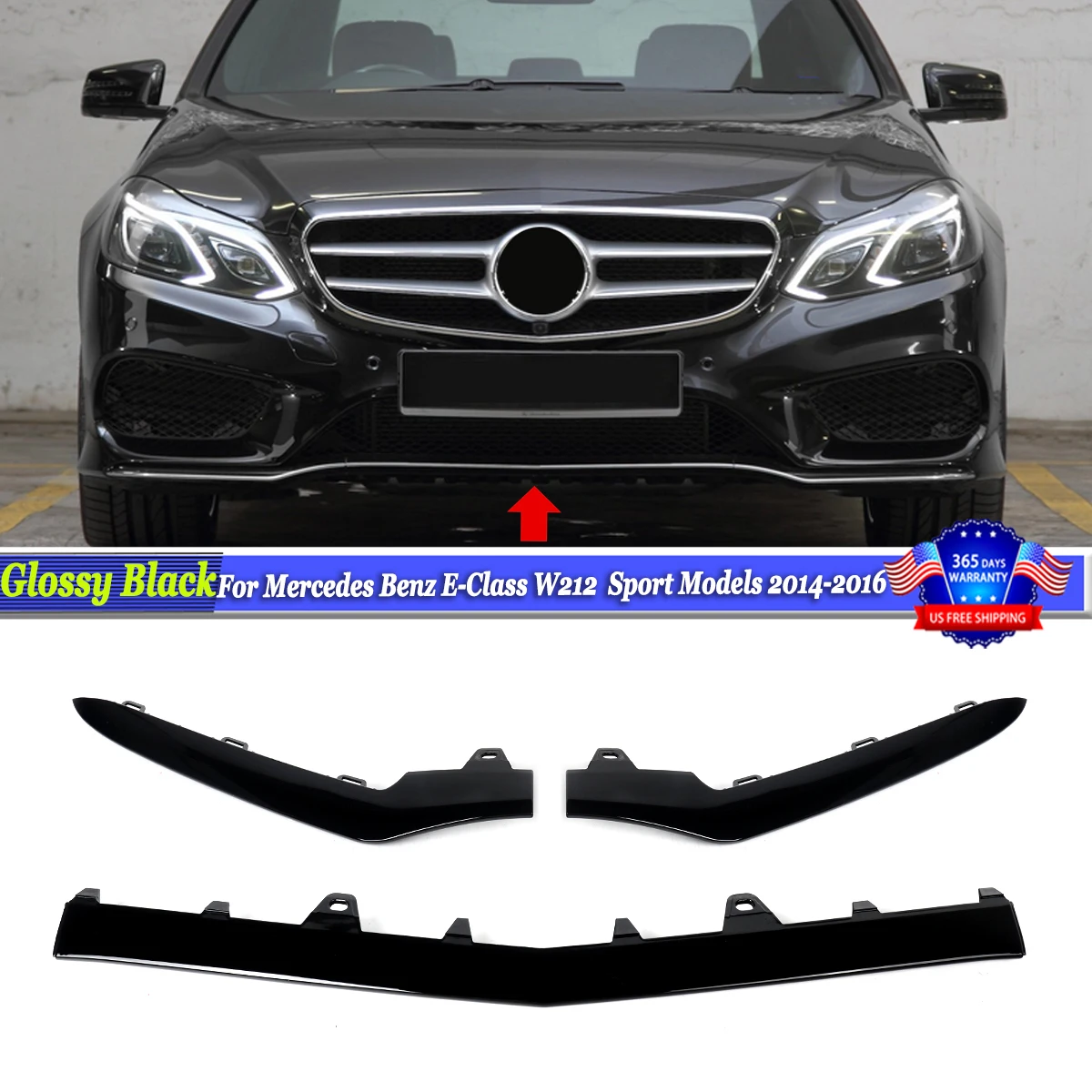 

Front Bumper Grill Trim Molding Lip Black for Mercedes E Class W212 2014-2016 Splitter Body Kit Spoiler Bumper Guard Protector