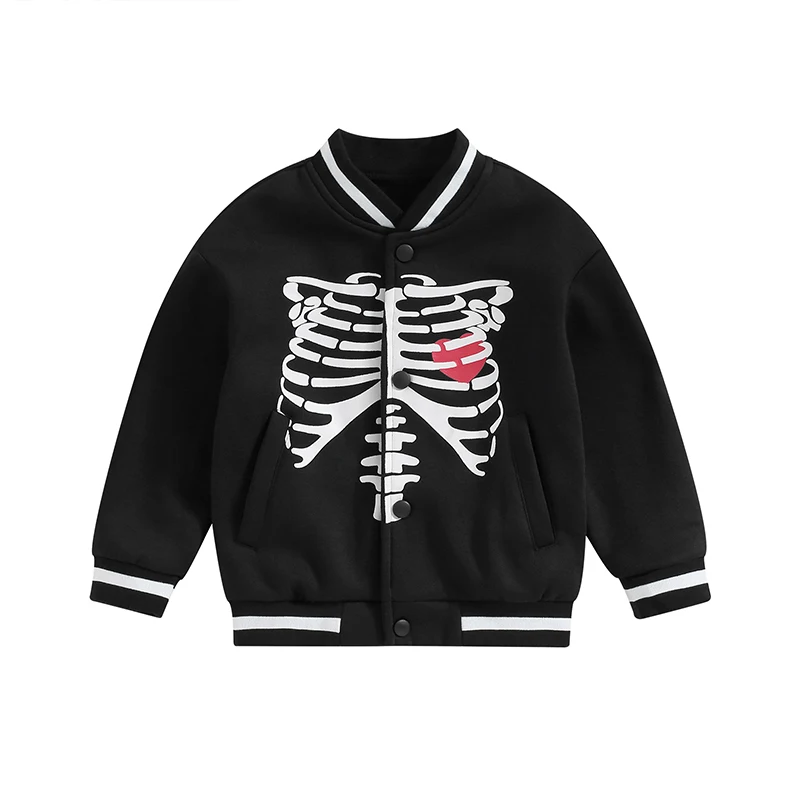 

Toddler Boys Baseball Jackets Long Sleeve Stand Collar Skeleton Print Loose Jackets Fall Tops