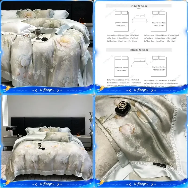 800TC Lyocell Eucalyptus Fiber Bedding Set Soft Silky Cooling Floral Print Duvet Cover Fitted Sheet Pillowcases 4Pcs Home