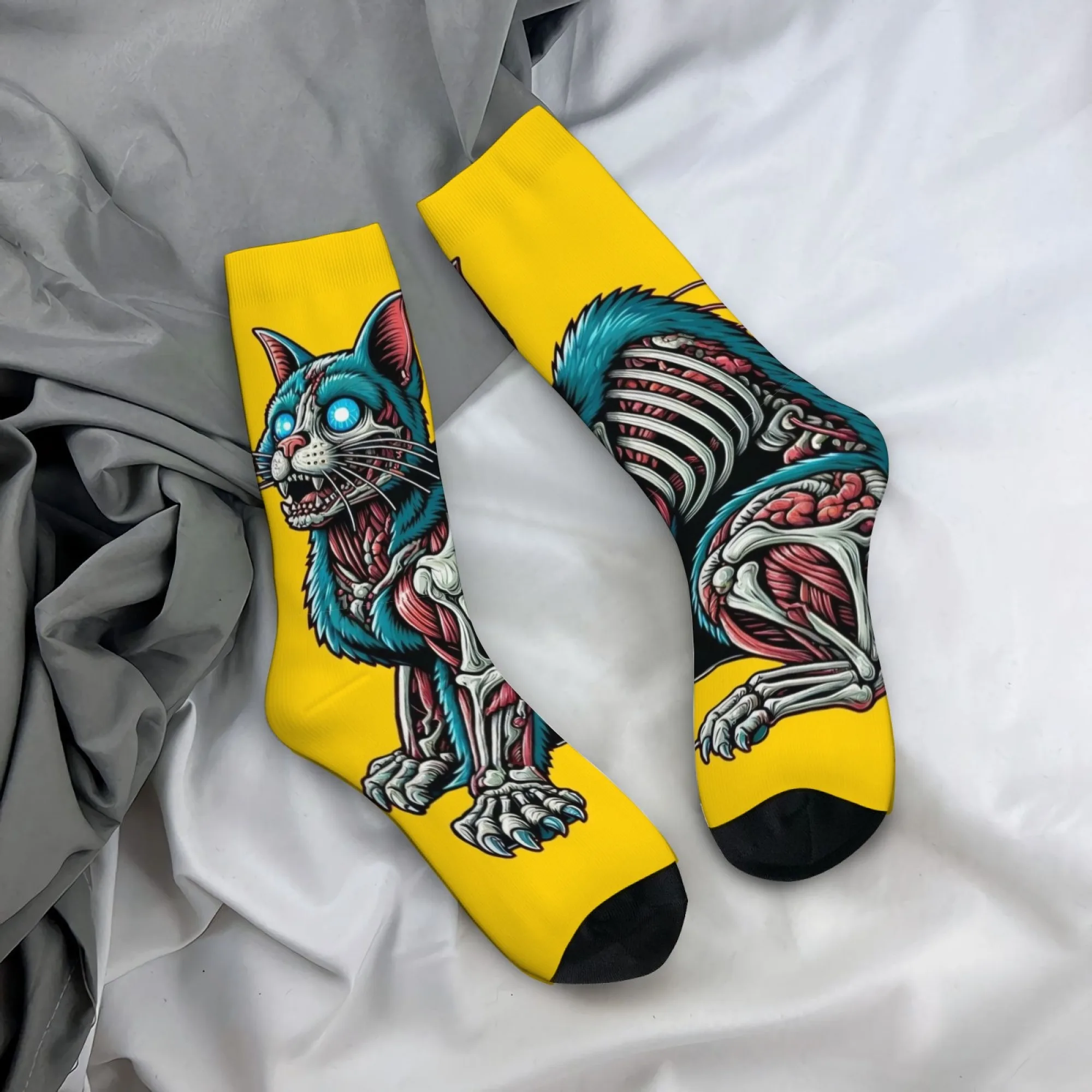 

Mysterious and Novel Socks Anatomical Cat Skeleton Bizarre Art Men's Mid-calf Socks Yellow Fun Unique Fashionable Casual Socks