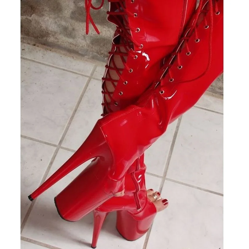 Red Platform Patent Leather Boots Open Toe Stiletto Heels British Style Fashion Casual Women Knee Boots 2024 Zapatos Para Mujere