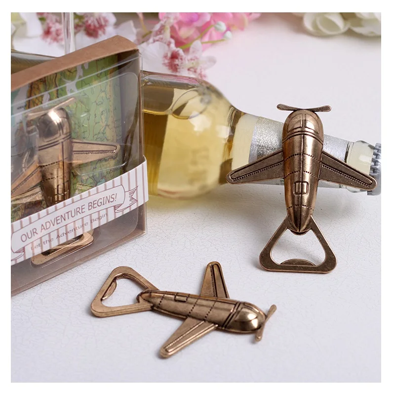 

50/100pcs Wedding favors Let the Adventure Begin Airplane Bottle Opener Travel Themed Classic Brass Color Metal Vintage Airplane