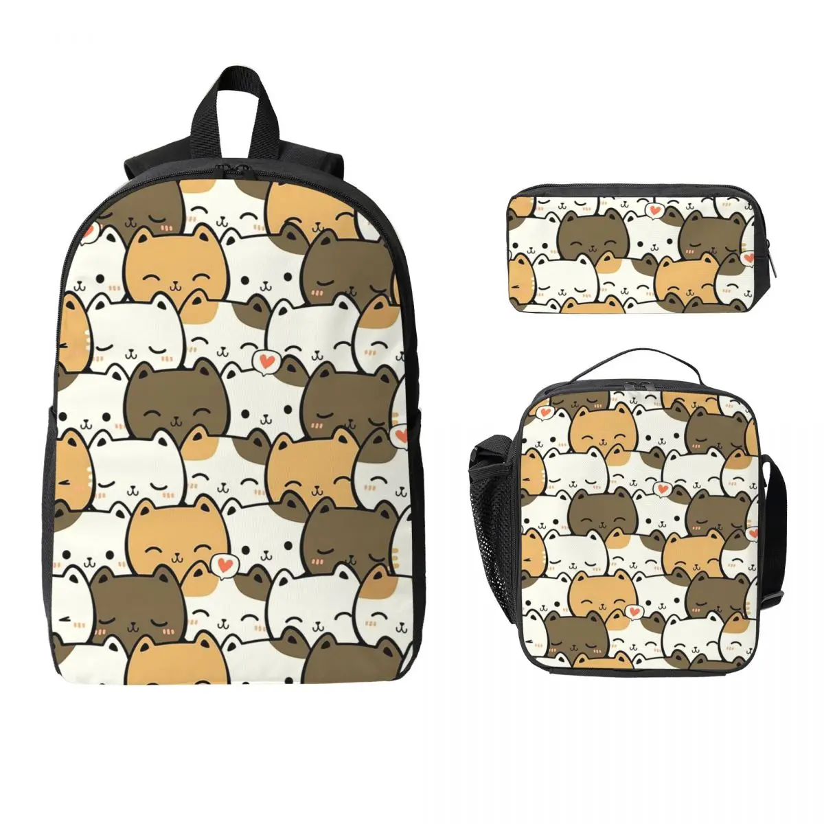 Adorable Colorful Kitten Cat Backpack Boys Girls BookBag School Bag Computer Shoulder Bags 3ps Insulated Lunch Bag Pencil Case