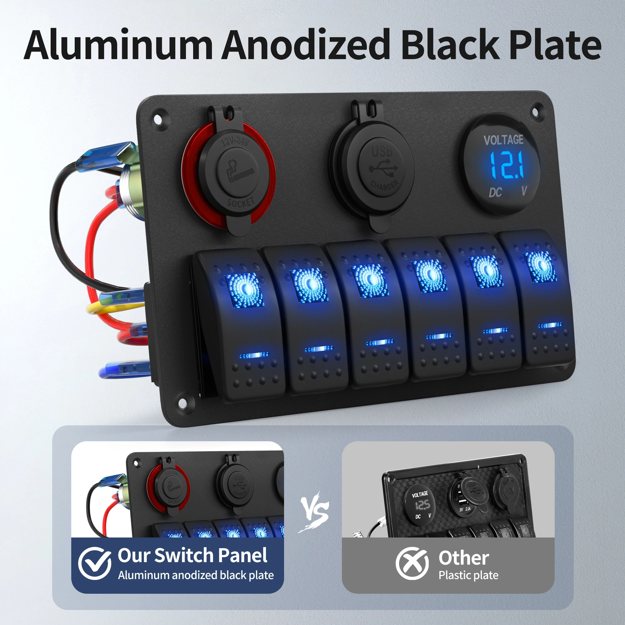 6 عصابة البحرية لوحة التبديل قارب لوحة التبديل مقاوم للماء 12 فولت لوحة مفتاح متأرجح LED مضاءة مع USB مقبس السجائر الفولتميتر #3