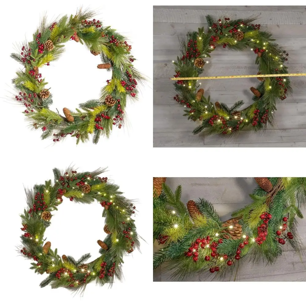 

30-светодиодный рождественский венок на батарейках с шишками и вечнозеленами, оснащенный таймером