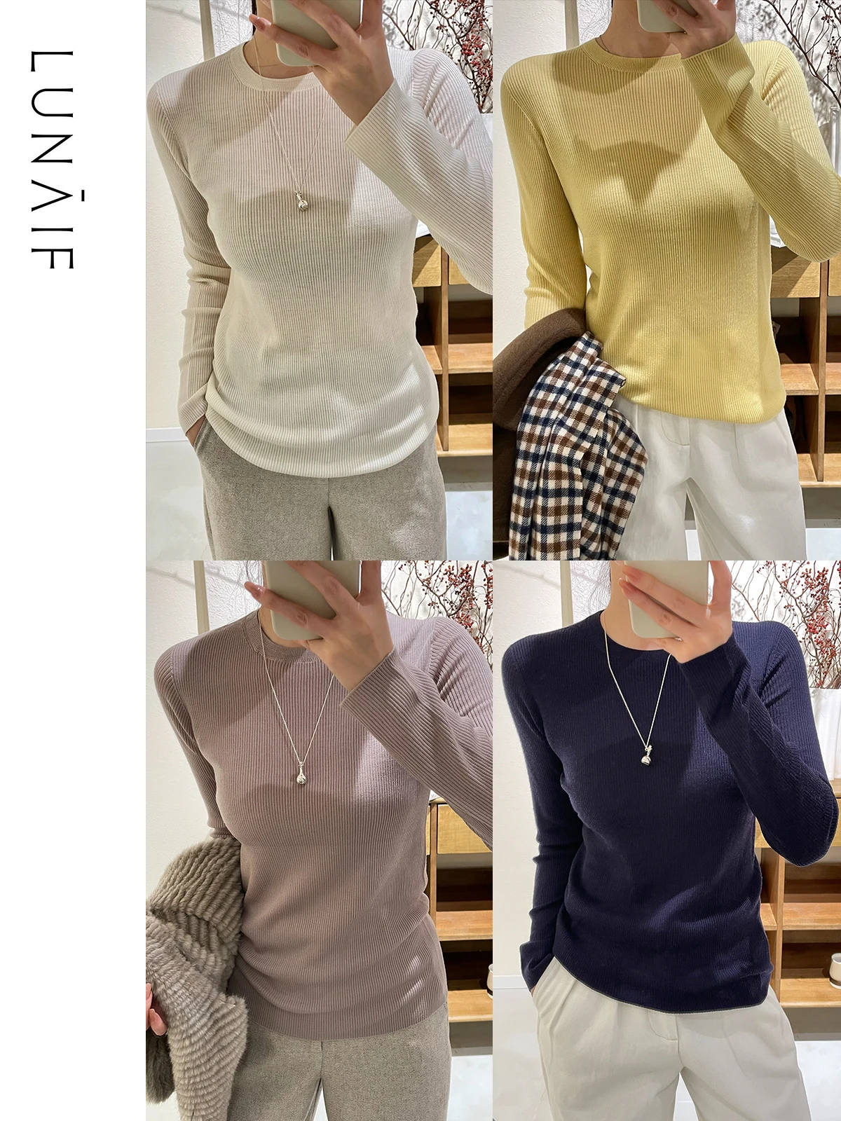 

LunaIF Upaded Sl Premium Wool 8 Needle Base irt hine Waable Casual Sle Fitted Soft Long Sve round Ne