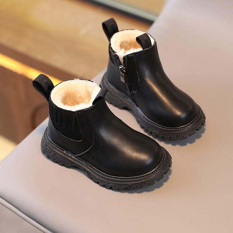 Plus Velvet Children Warmth Boots Comfortable Simple Side Zipper Design Non-Slip Handsome Shoes