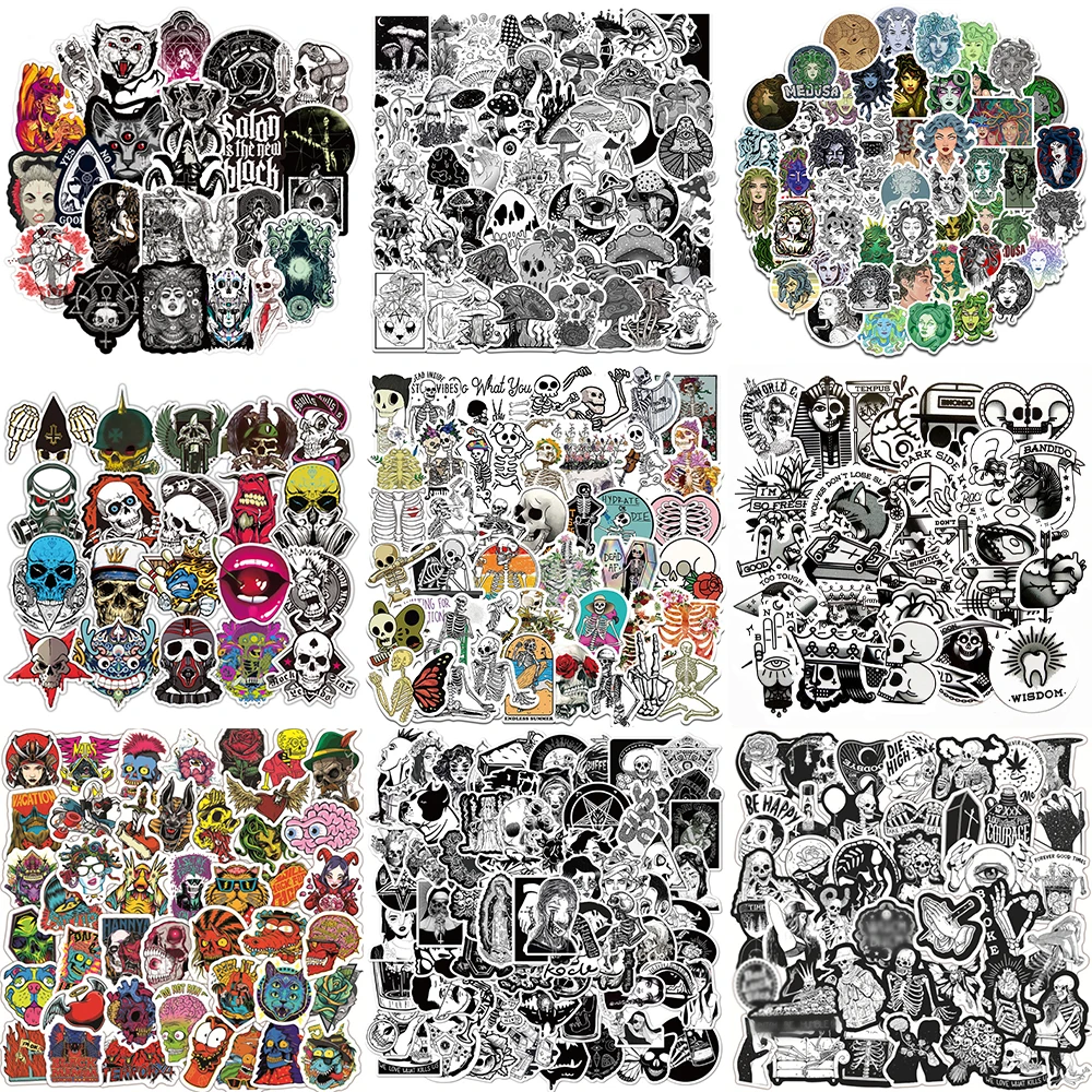 10/30/50PCS Cartoon Skeleton Stickers Series Black White Gothic Graffiti Motorcycle Skateboard Luggage iPad Decoration Wholesale