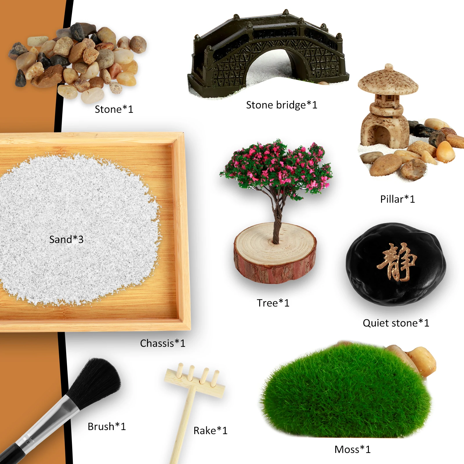 Zen Garden Kit DIY Zen Sand Set Mini Desktop Zen Decor Garden Funny Meditation Zen Sand Gift with Tree Bridge Sand Tray Play Kit