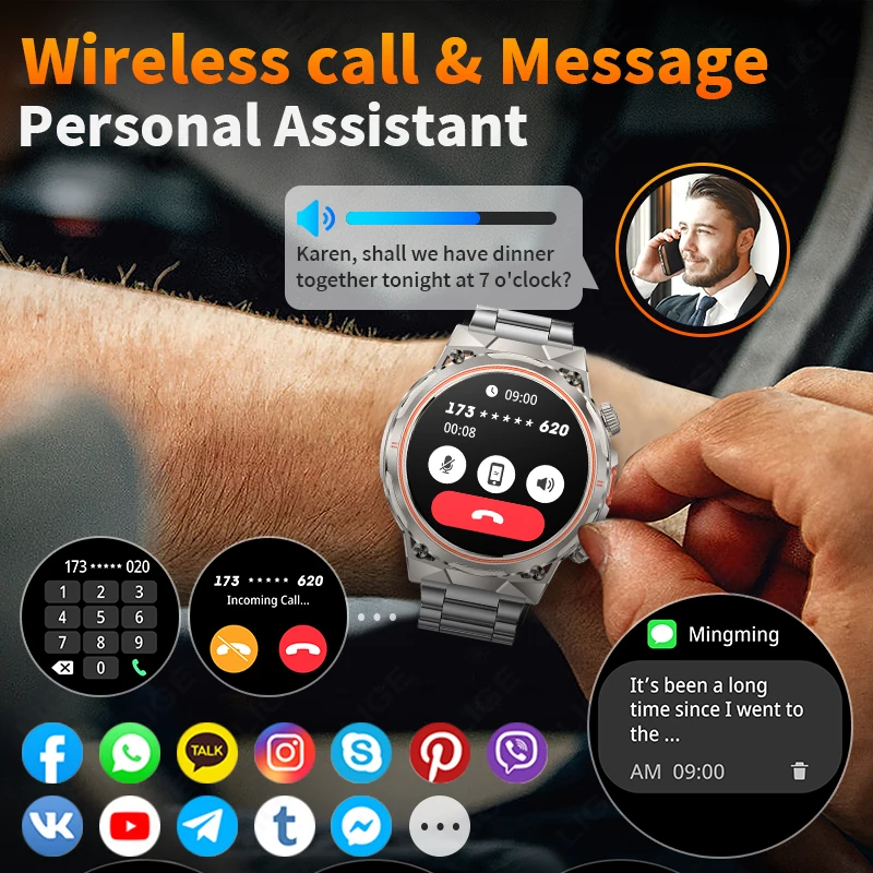 LIGE Smart Bluetooth Call Outdoor Sports IP68 Waterproof 1.46 Inch Screen 400mAh Smartwatch Men 100+ Sport Mode Health Monitor