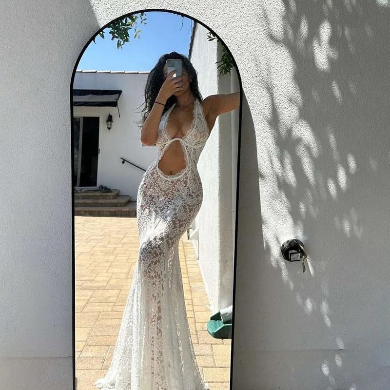 فستان ماكسي مطرز بالدانتيل الأبيض للنساء ، مثير ، مكشوفة الظهر ، شفاف ، مرقع ، موضة الشاطئ ، فستان صيفي طويل