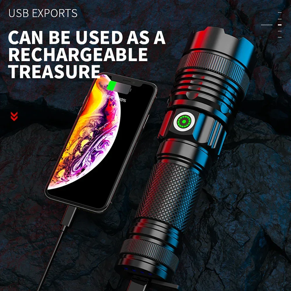 100000 Lumen Super Bright Spotlight Long Range LED Flashlight Built-in Battery USB Charging Waterproof Portable Camping Torch