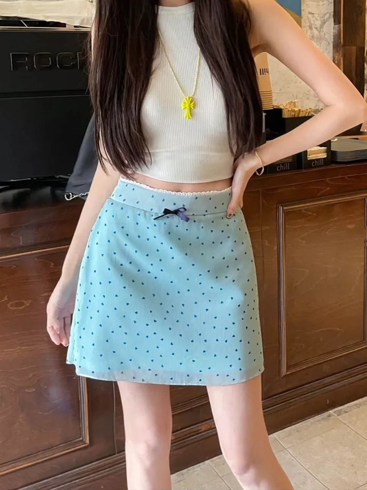 Korean Style Love Dot Lace Bow Half Length Skirt Women Summer High Waist A-line Short Skirts Mini Skirts