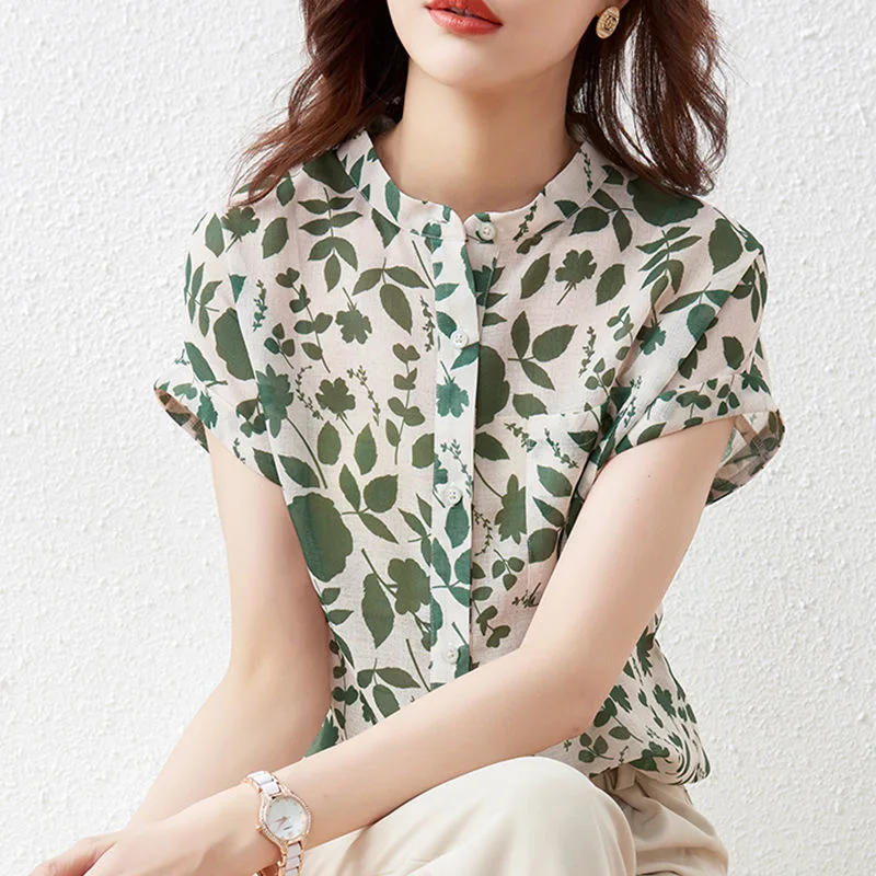 Women Summer Style Blouses Tops Lady Casual Short Sleeve Stand Collar Flower Printed Blusas Tops SP1498