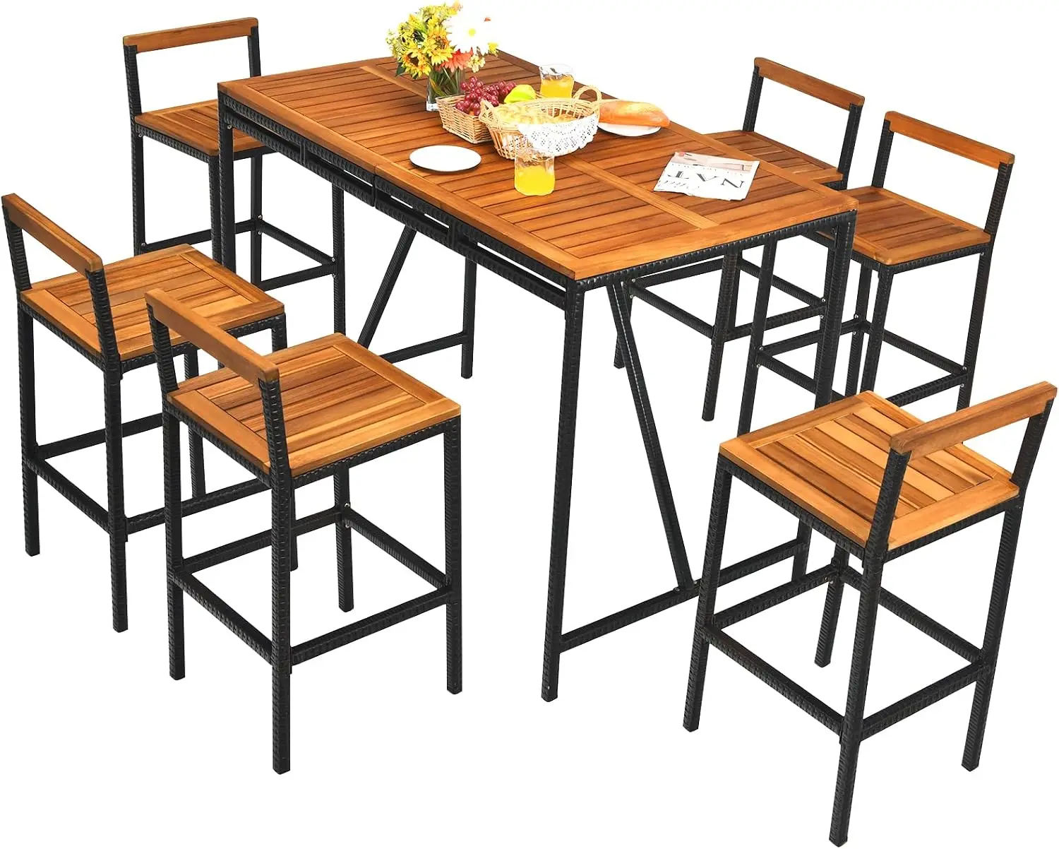 Juego de Bar de 7 Piezas de Madera de Acacia, Muebles de Patio de Mimbre para Comedor al Aire Libre con 6 Taburetes de Bar y Mesa Rectangular con Orificio para Sombrilla, para Jardín, Patio Trasero, Piscina
