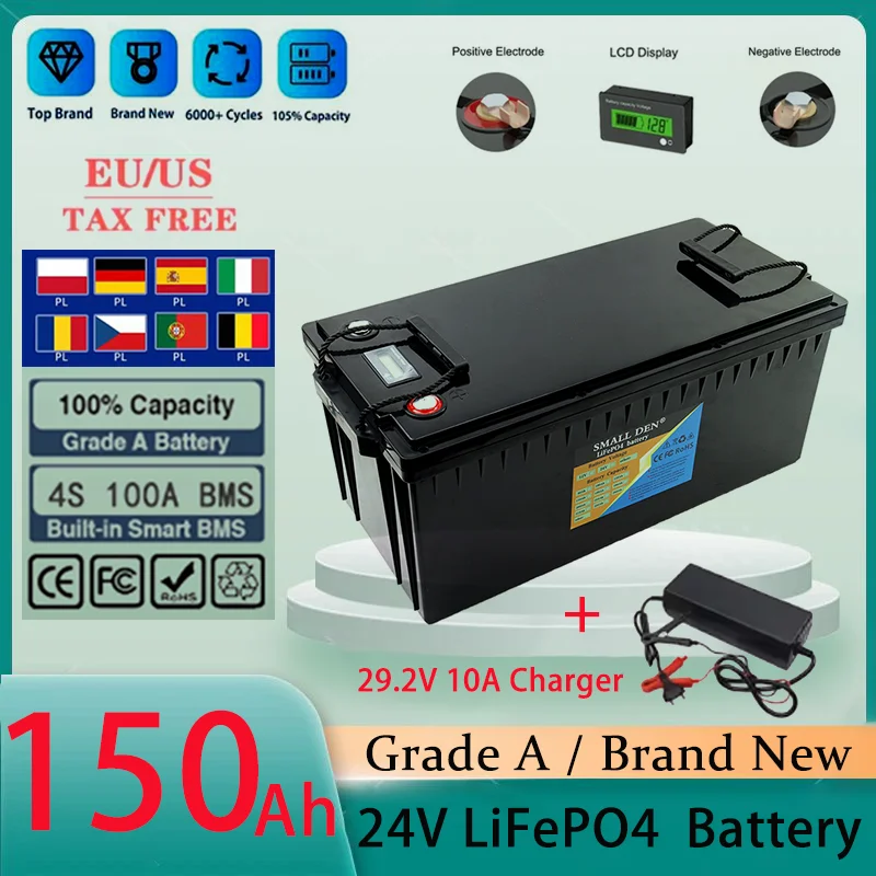 

24V 100Ah 150Ah LiFePO4 Battery 6000cycle Lithium Iron Phosphate for boat inverter Car lighter Batteries 29.2V Charger duty-free