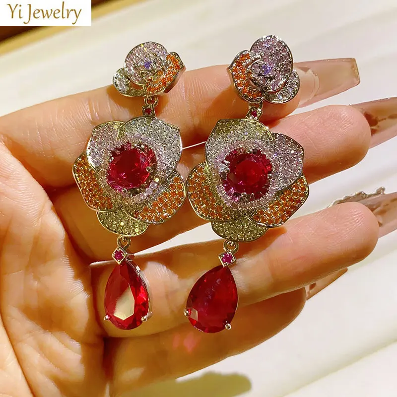 

flower earrings for women wedding dinner party luxury jewelry colorful zirconia red rose dangling earrings