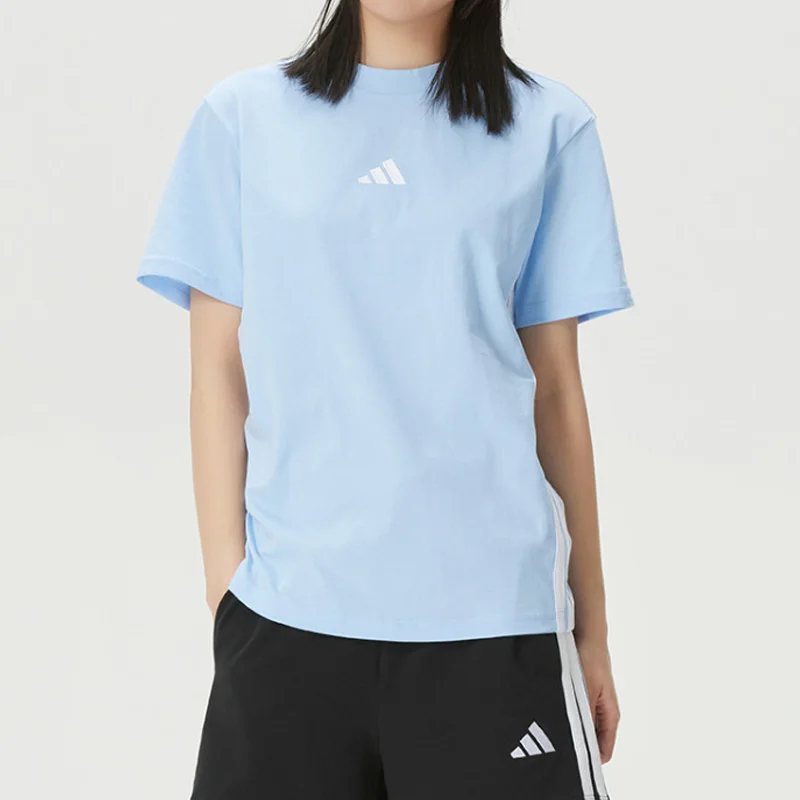 

Adidas Women's Crew Neck Short Sleeve T-Shirt Light Blue 2026 Summer New Breathable Running Sportswear JE1227