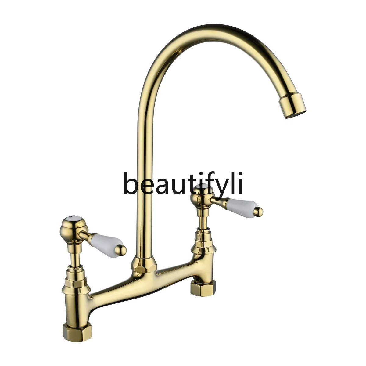 

French retro bridge all copper kitchen faucet double hole ceramic handle arch bridge sink hot and cold faucet