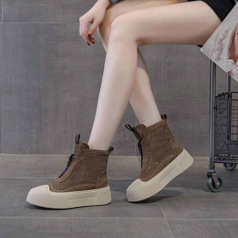 High quality 5CM Stretch Leather Spring Chunky Sneakers Women Ankle Booties Moccasins Fashion Shoes Autumn Ankle Boots Chimney