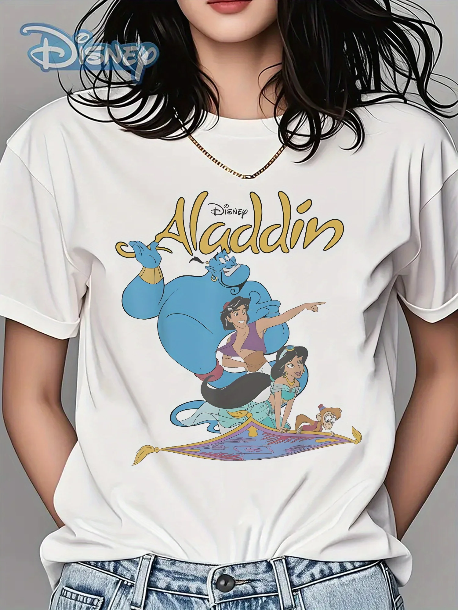 

Футболка с ретро-узором Disney Aladdin — свободный топ с круглым вырезом, принтом «Жасмин, Яго и эльф»