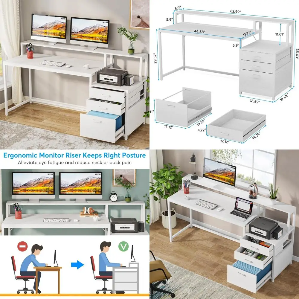 

63 Inch Ergonomic Computer Desk with File Drawer, Monitor Stand and Printer Space