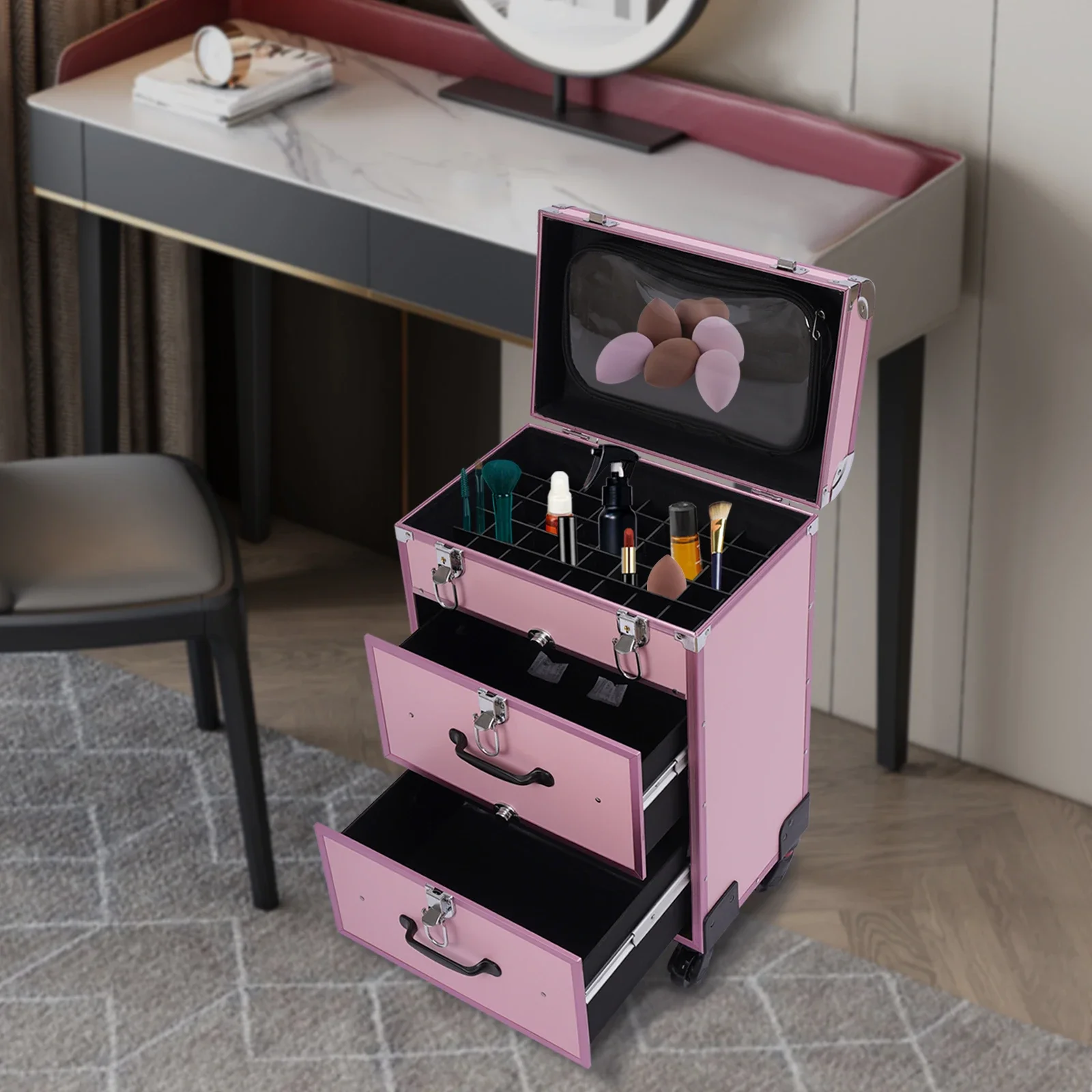 Rolling Makeup Case Large Cosmetic Trolley with Locks Make up Bag with dividers Cosmetics Storage Organizer for On The Go Makeup