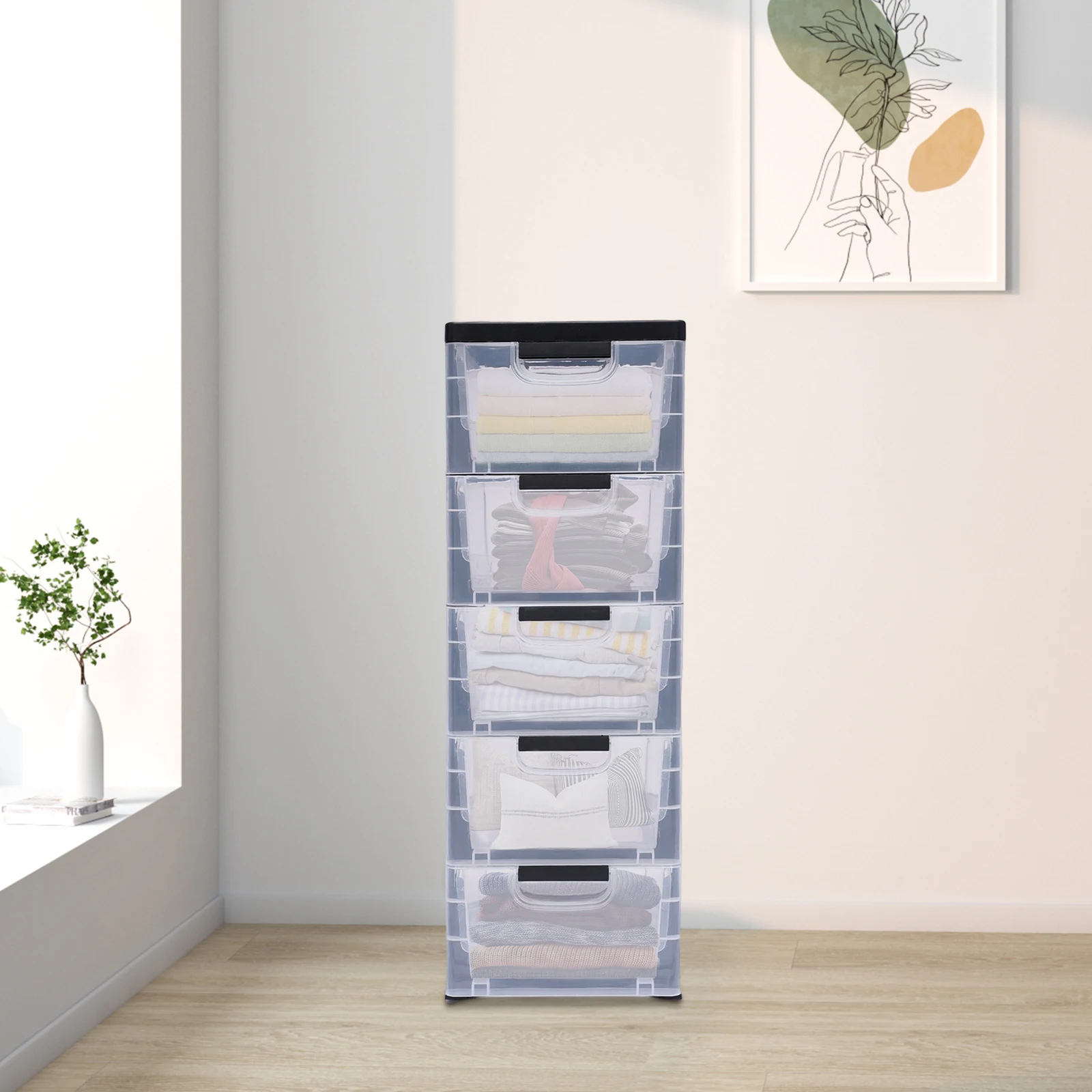 

5-Tier Transparent Plastic Storage Cabinet, 30x40x84cm - Space-Saving Drawer Organizer for Kids' Clothes and Home Use