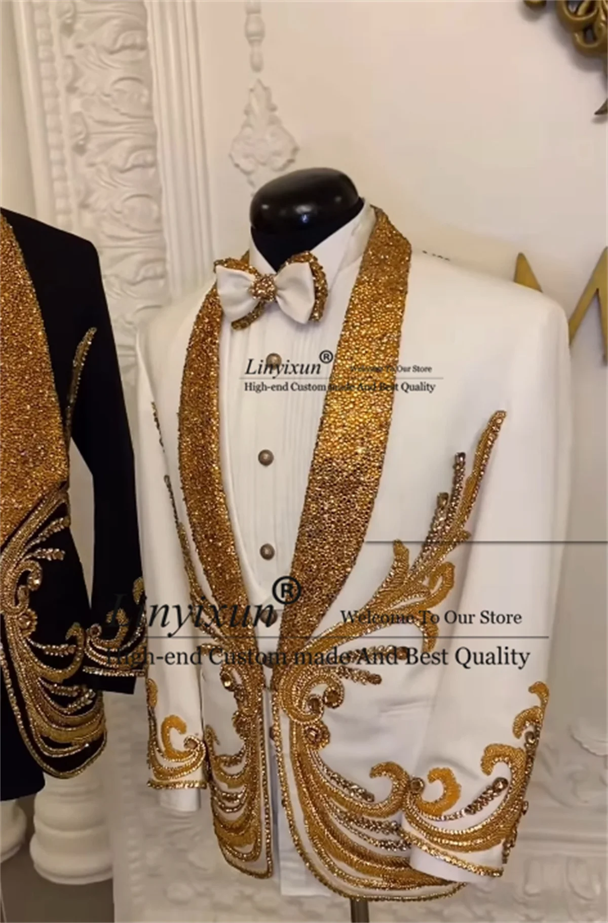 

Stunning Beaded Diamond Men Suit 3 Pieces Sets Wedding Groom Tuxedo Glitter Lapel Male Prom Blazer Customized Slim Costume Homme