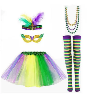 Mardi Gras Costume Set Feather Headband Mask Tutu Skirt Striped Socks Party Accessory Performance Costume Set
