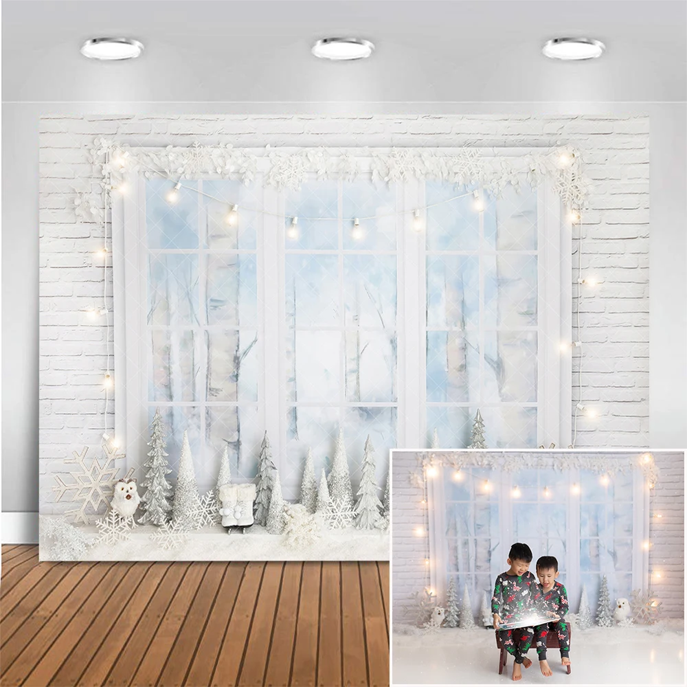 

Magic Winter Window Photography Backdrop White Brick Wall Background Kids Portrait Cake Smash Photocall Photo Studio Props