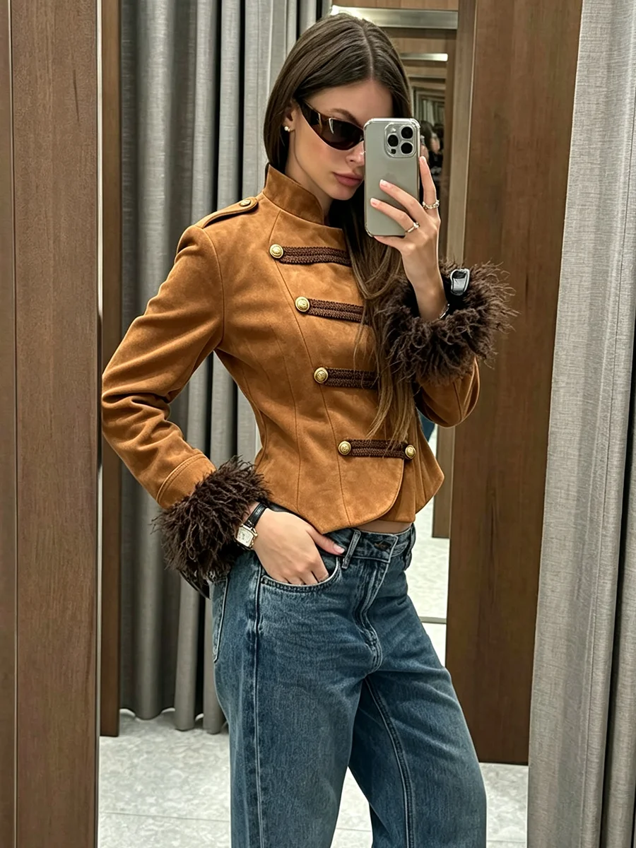 LIMO Women Stand Collar Suede Cropped Jacket Fringe Cuff Gold Button Retro Slim Short Outerwear Fashion Vintage Coat