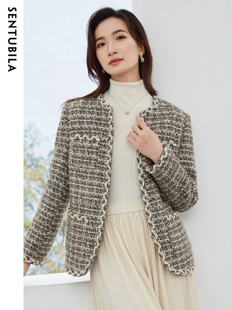 

SENTUBILA Autumn Tweed Jacket for Women 2024 New Wool Blend Cropped Coat Elegant Fashion Ladies New Outerwear Cardigan 134W52451