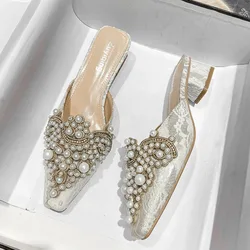 Autumn New Thick Heel Baotou Slippers Women Shoes with Pearl Decoration Square Head Half Slippers for Women's Outwear Sandals