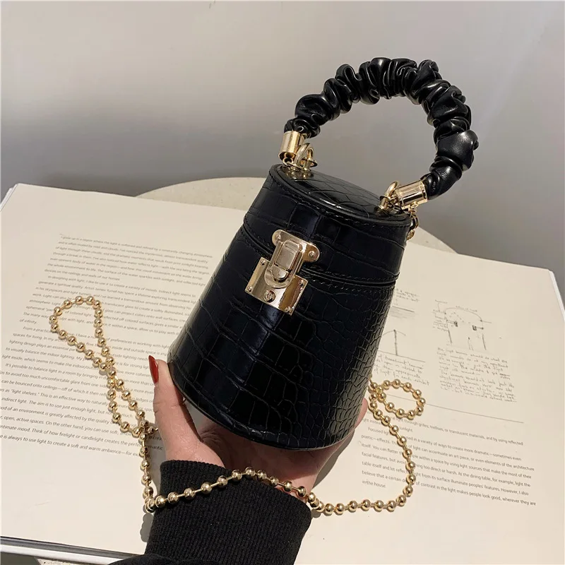 2025 bolso cruzado con cadena para mujer, bolso de maquillaje de moda coreana, bolso de cubo con patrón de piedra texturizada, bolso informal de Color sólido, cartera