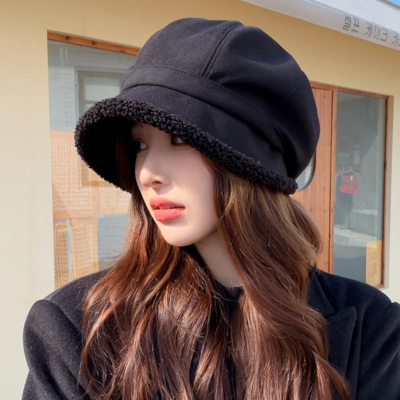 Beret Hat Women Winter Octagonal Hats For Women Retro Solid Color Velvet Newsboy Cap Female Keep Warm Gorro New Bucket Hat